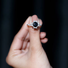 Round Created Black Diamond Statement Ring with Moissanite Floral Halo