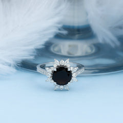 Round Created Black Diamond Statement Ring with Moissanite Floral Halo