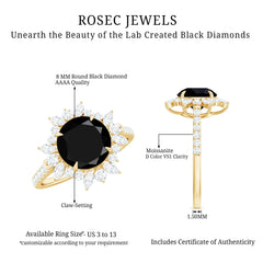 Round Created Black Diamond Statement Ring with Moissanite Floral Halo