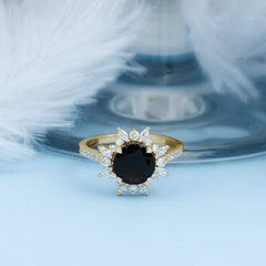 Round Created Black Diamond Statement Ring with Moissanite Floral Halo