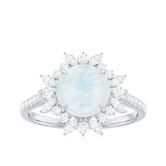 Round Moonstone Statement Ring with Moissanite Floral Halo