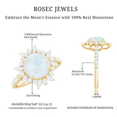 Round Moonstone Statement Ring with Moissanite Floral Halo