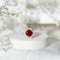 Lab Created Ruby and Diamond Halo Engagement Ring