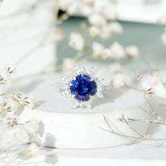 Lab Grown Blue Sapphire And Moissanite Floral Inspired Ring