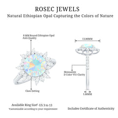 Natural 8mm Ethiopian Opal Halo Engagement Ring with Side Stones