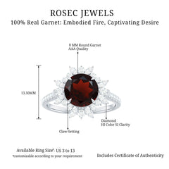 Real 8mm Garnet Statement Engagement Ring with Diamond Halo