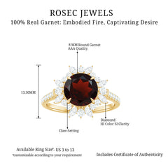 Real 8mm Garnet Statement Engagement Ring with Diamond Halo