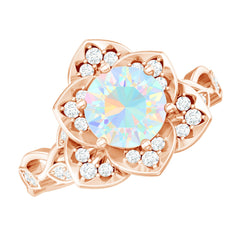 Natural 8mm Ethiopian Opal Flower Engagement Ring with Diamond