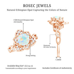 Natural 8mm Ethiopian Opal Flower Engagement Ring with Diamond