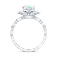 Natural 8mm Ethiopian Opal Flower Engagement Ring with Diamond