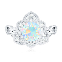 Natural 8mm Ethiopian Opal Flower Engagement Ring with Diamond