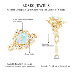 Natural 8mm Ethiopian Opal Flower Engagement Ring with Diamond