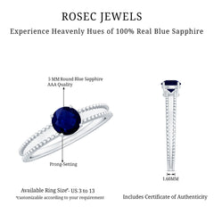 5 MM Solitaire Blue Sapphire Band Ring with Beaded Embellishment
