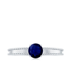 5 MM Solitaire Blue Sapphire Band Ring with Beaded Embellishment