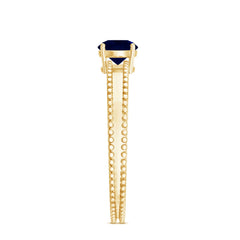 5 MM Solitaire Blue Sapphire Band Ring with Beaded Embellishment