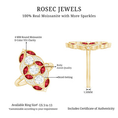 Certified Lab Grown Ruby Art Deco Statement Ring with Moissanite