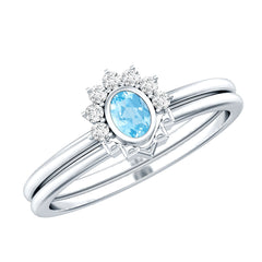 Natural Oval Cut Aquamarine Wedding Ring Set with Diamond Halo