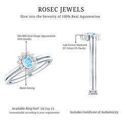 Natural Oval Cut Aquamarine Wedding Ring Set with Diamond Halo