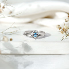 Natural Oval Cut Aquamarine Wedding Ring Set with Diamond Halo