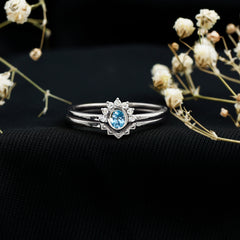Natural Oval Cut Aquamarine Wedding Ring Set with Diamond Halo