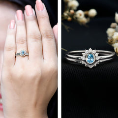 Natural Oval Cut Aquamarine Wedding Ring Set with Diamond Halo