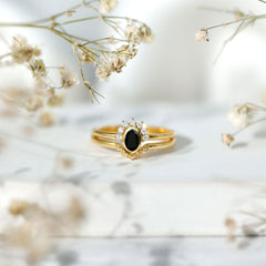 Genuine Black Onyx and Diamond Promise Ring Set in Yellow Gold Plated Silver
