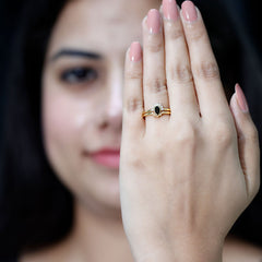 Genuine Black Onyx and Diamond Promise Ring Set in Yellow Gold Plated Silver