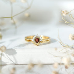 Natural Garnet Diamond Engagement Ring with Enhancer in Gold Plated Silver