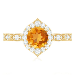 Vintage Inspired 7mm Citrine Engagement Ring with Diamond Halo