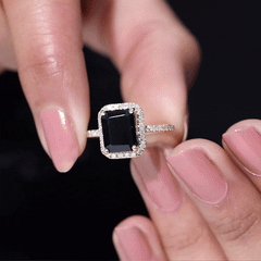 Emerald Cut 7X9MM Black Onyx and Diamond Engagement Ring
