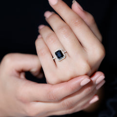 Emerald Cut 7X9MM Black Onyx and Diamond Engagement Ring