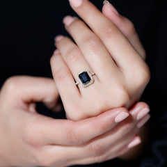 Emerald Cut 7X9MM Black Onyx and Diamond Engagement Ring