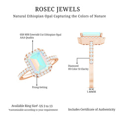 Genuine 6X8mm Ethiopian Opal Emerald Cut Engagement Ring with Diamond Halo