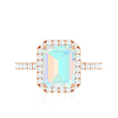 Genuine 6X8mm Ethiopian Opal Emerald Cut Engagement Ring with Diamond Halo