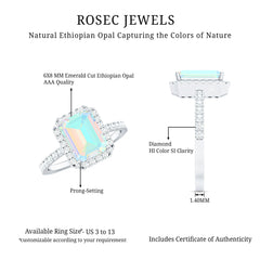Genuine 6X8mm Ethiopian Opal Emerald Cut Engagement Ring with Diamond Halo