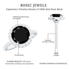 8mm Round Shape Black Onyx Engagement Ring with Diamond Halo