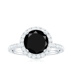 8mm Round Shape Black Onyx Engagement Ring with Diamond Halo