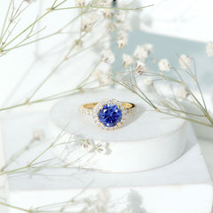 Certified 2.7 Carat Lab Grown Blue Sapphire Halo Engagement Ring with Moissanite