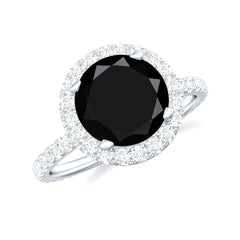 Natural Black Spinel Engagement Ring with Diamond Halo