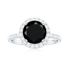 Natural Black Spinel Engagement Ring with Diamond Halo