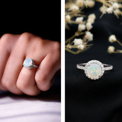 Certified Genuine 8mm Ethiopian Opal Engagement Ring with Halo