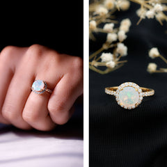 Certified Genuine 8mm Ethiopian Opal Engagement Ring with Halo
