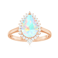 Certified Real 8X10mm Ethiopian Rainbow Opal Teardrop Engagement Ring with Diamond Halo