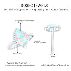 Certified Real 8X10mm Ethiopian Rainbow Opal Teardrop Engagement Ring with Diamond Halo