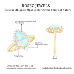 Certified Real 8X10mm Ethiopian Rainbow Opal Teardrop Engagement Ring with Diamond Halo