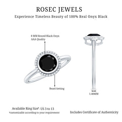 8mm Round Shape Black Onyx Solitaire Ring in Bezel Setting