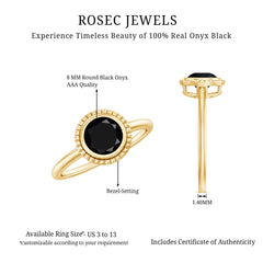 8mm Round Shape Black Onyx Solitaire Ring in Bezel Setting