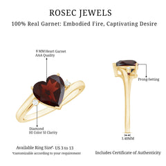 Genuine 8mm Garnet Heart Shaped Engagement Ring with Diamond