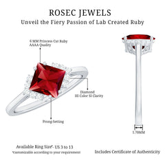 1.75 CT Princess Cut Lab Grown Ruby Engagement Ring with Diamond