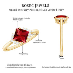 1.75 CT Princess Cut Lab Grown Ruby Engagement Ring with Diamond